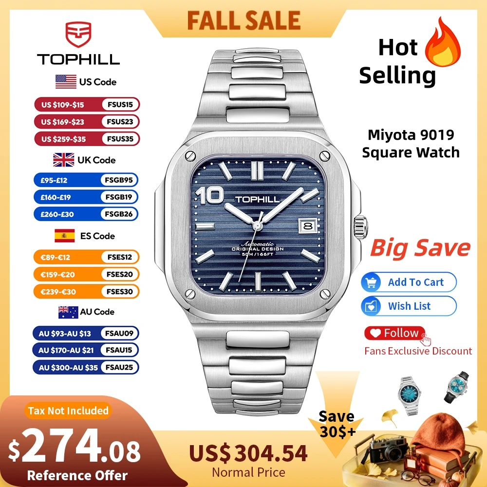 TOPHILL 39 mm quadratische Automatikuhr, mechanisches, ultradünnes Gehäuse, 9019-Uhrwerk, Saphirglas, 5 ATM, ölbeständiges Zifferblatt, DS-1 Lume TW089G