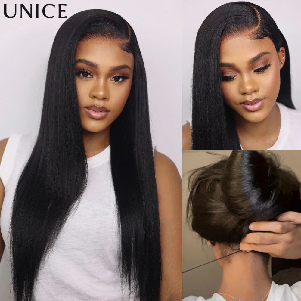 

UNice Natural Black Yaki Straight Human Hair Wig 7x5 Lace Glueless Wig & V Part Wig 150% Density