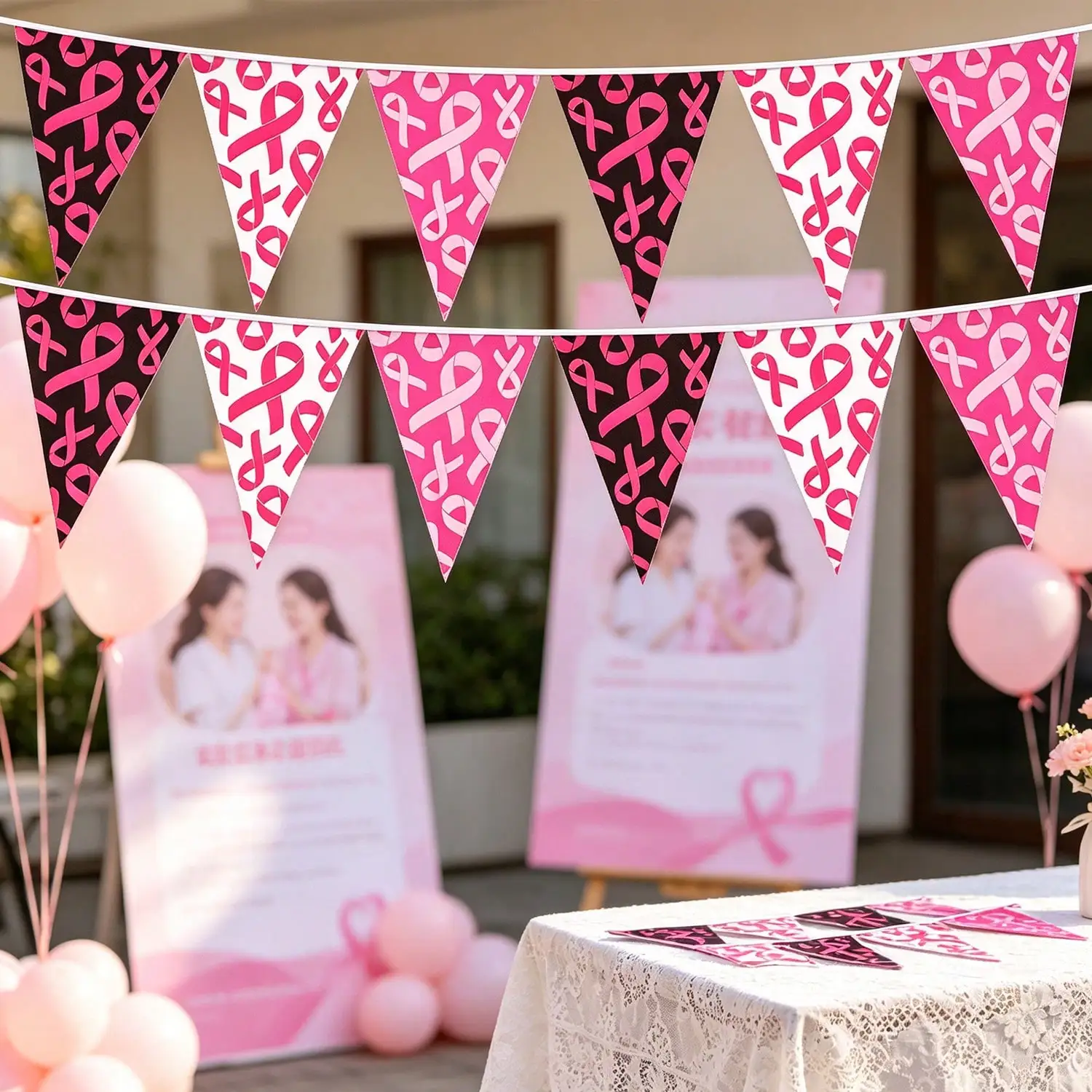 Bannière de sensibilisation au cancer du sein, guirlande de fanions en ruban rose, guirlande de fanions triangulaires, décorations pour collectes de fonds caritatives, fête de soutien aux femmes