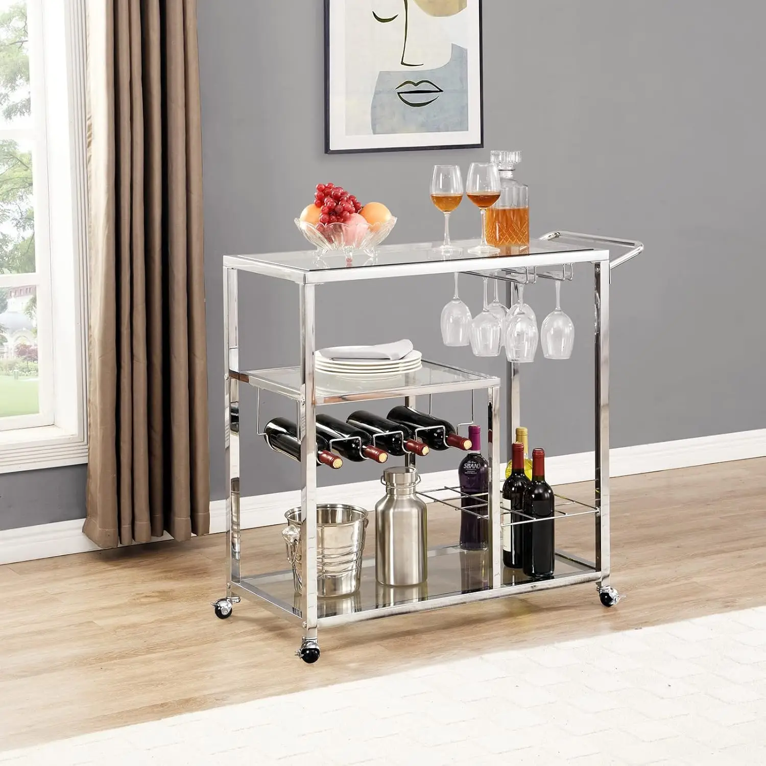 Rolling Bar Carts Silver with Wheels Home Serving Cart with Glass Wine Holders 3 Tier Kitchen Cart for Home Party Dining Room