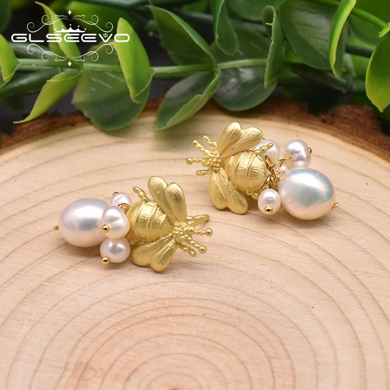 GLSEEVO Natural Freshwater Pearl Bee Drop Earrings For Women Anniversary Handmade Personalized Style Jewelry GE0990C