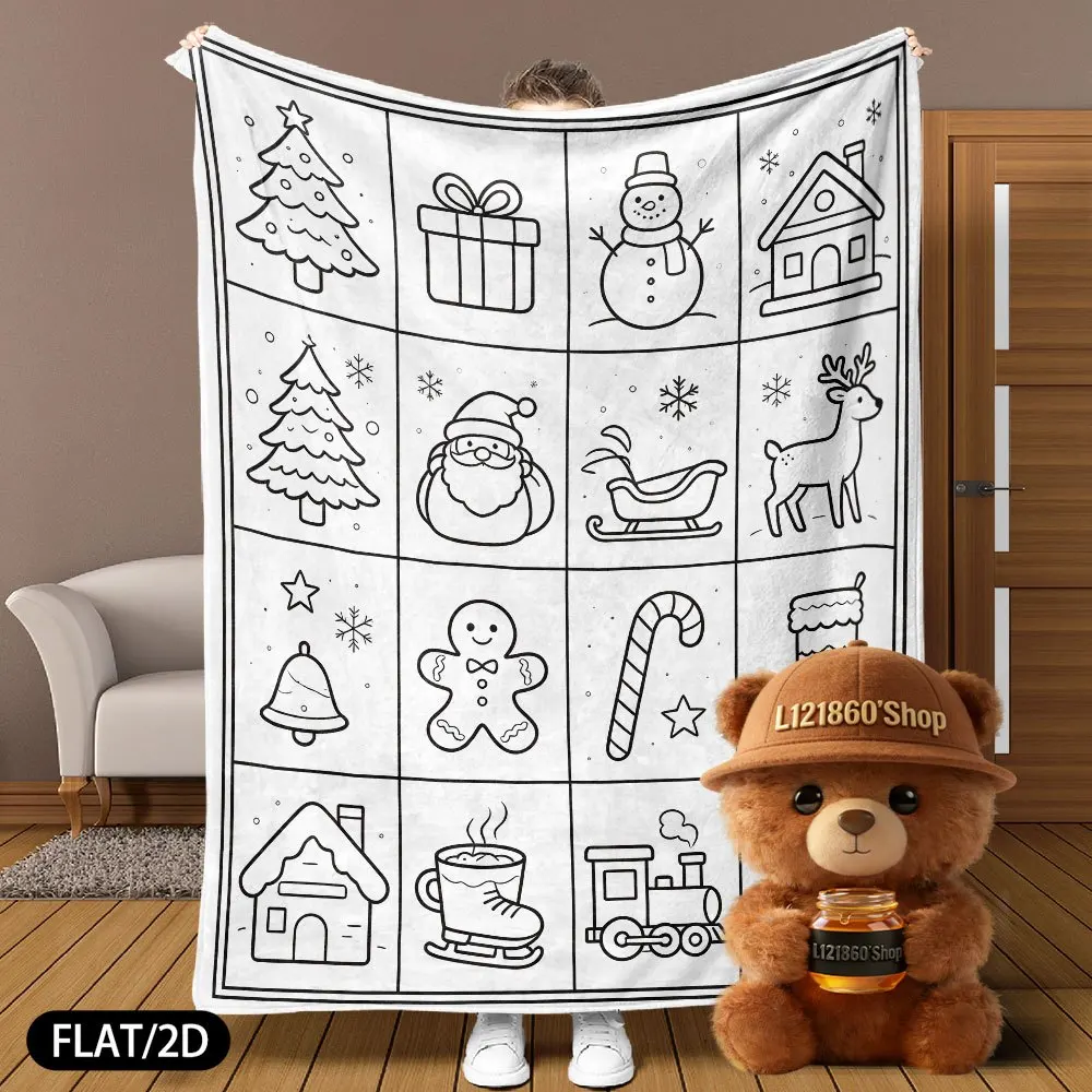 1pc 2D Flat Plaid Christmas DIY Coloring Blanket, Classic Holiday Elements Line Art Throw, for Bedroom,Living Room,Camping & Car