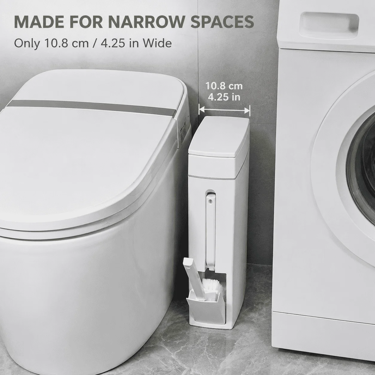Bathroom Trash Can with Toilet Brush, Push-Button Switch, and Lid—a minimalist trash can suitable for home and public restrooms.