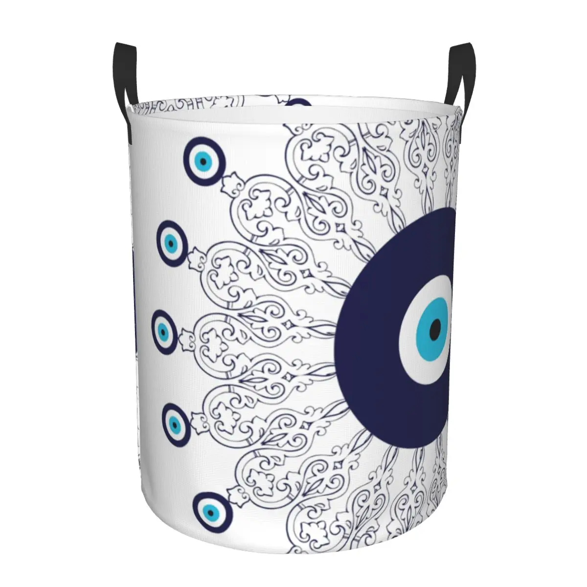 Navy Blue White Mediterranean Evil Eye Mandala Laundry Basket Collapsible Bohemian Boho Clothing Hamper Organizer Storage Bins