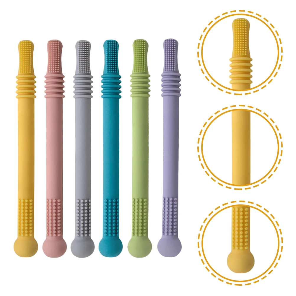 

6pcs Teething Stick Silicone Baby Molar Straws Pink Yellow Purple Green Blue Gray Teethers Relieve Pain Sensory Grasping Oral