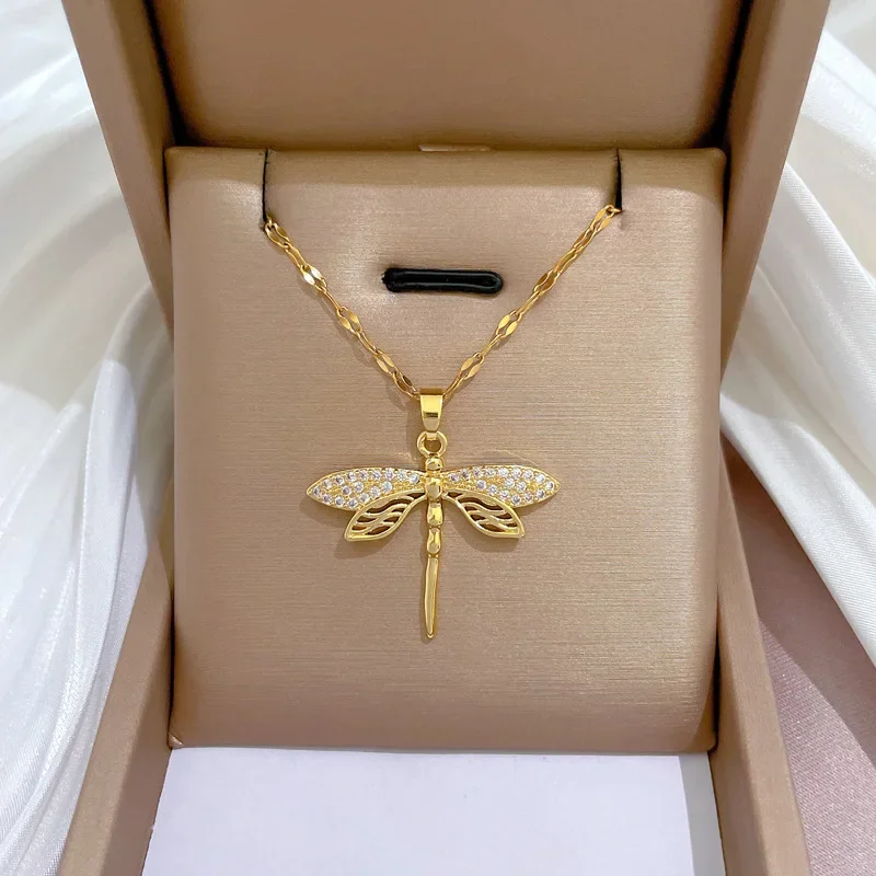 Stainless Steel Cute Zircon Dragonfly Pendant Necklaces for Women Vintage Accessories Gifts for Friends Family