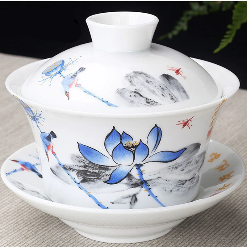 Chinese Hand Painted Kungfu Tea Set, Tureen Dehua, White Porcelain, Gaiwan, Pot Set for Travel, Fast Cup, High Quality