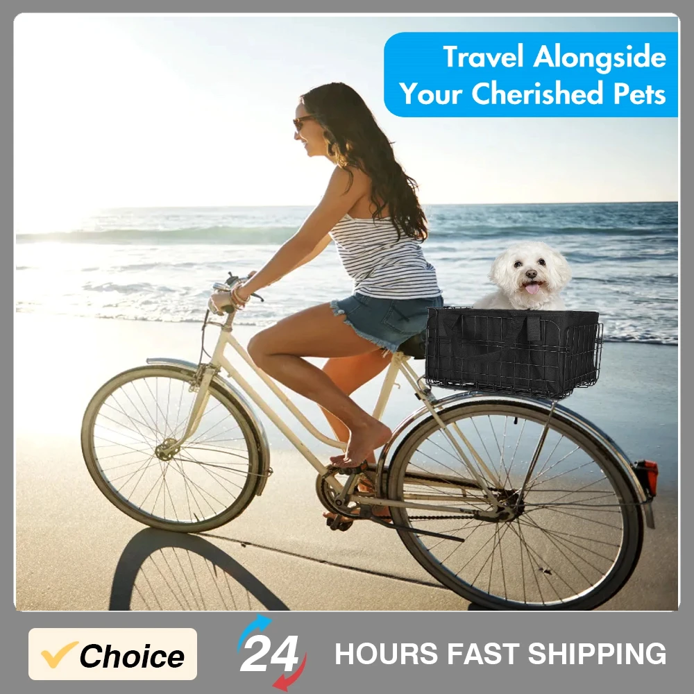 

Folding Rear Bike Basket 60L with Removable Liner Bag Rain Cover Net Bag Quick Release Metal for Carrying Dog Pets Fruit Grocery