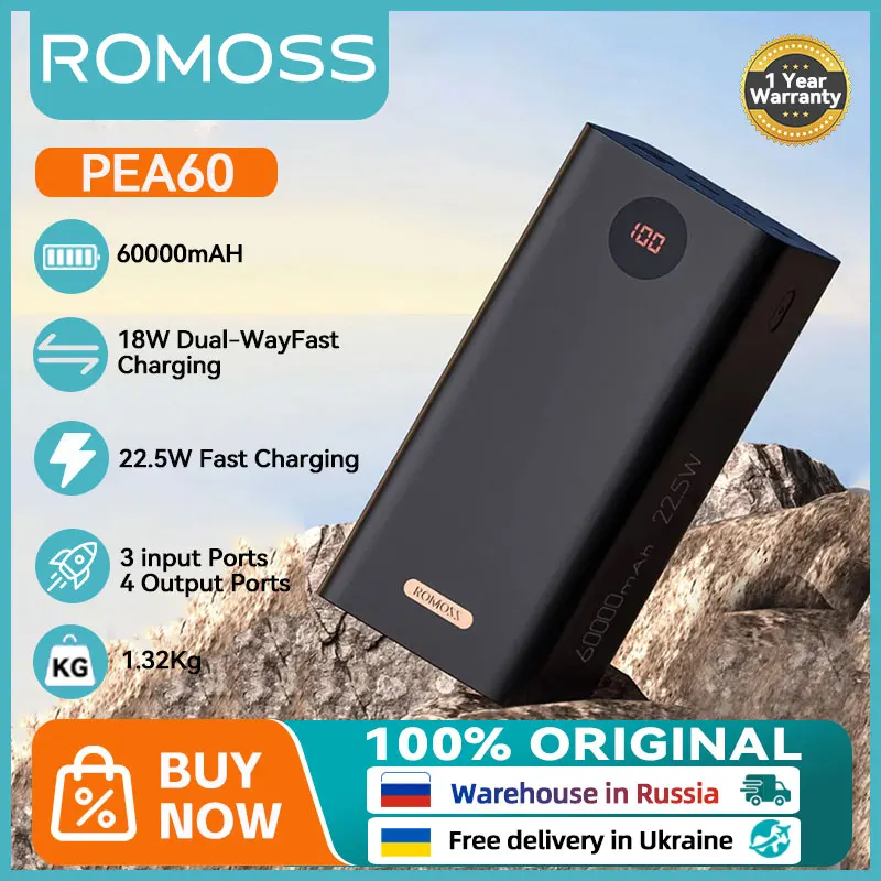 ROMOSS PEA60 22.5W Fast Charging Power Bank 60000mAh Portable Powerbank PD3.0 QC3.0 External Battery For iPhone 15 14 13 Xiaomi