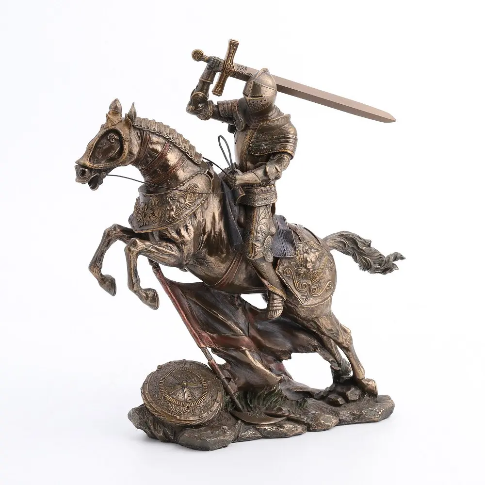 Medieval Knight Riding Horse Statue Sword Crusader Figurine Bronze Finish Sculpture Resin Craft Home Office Decor Ornament Gift