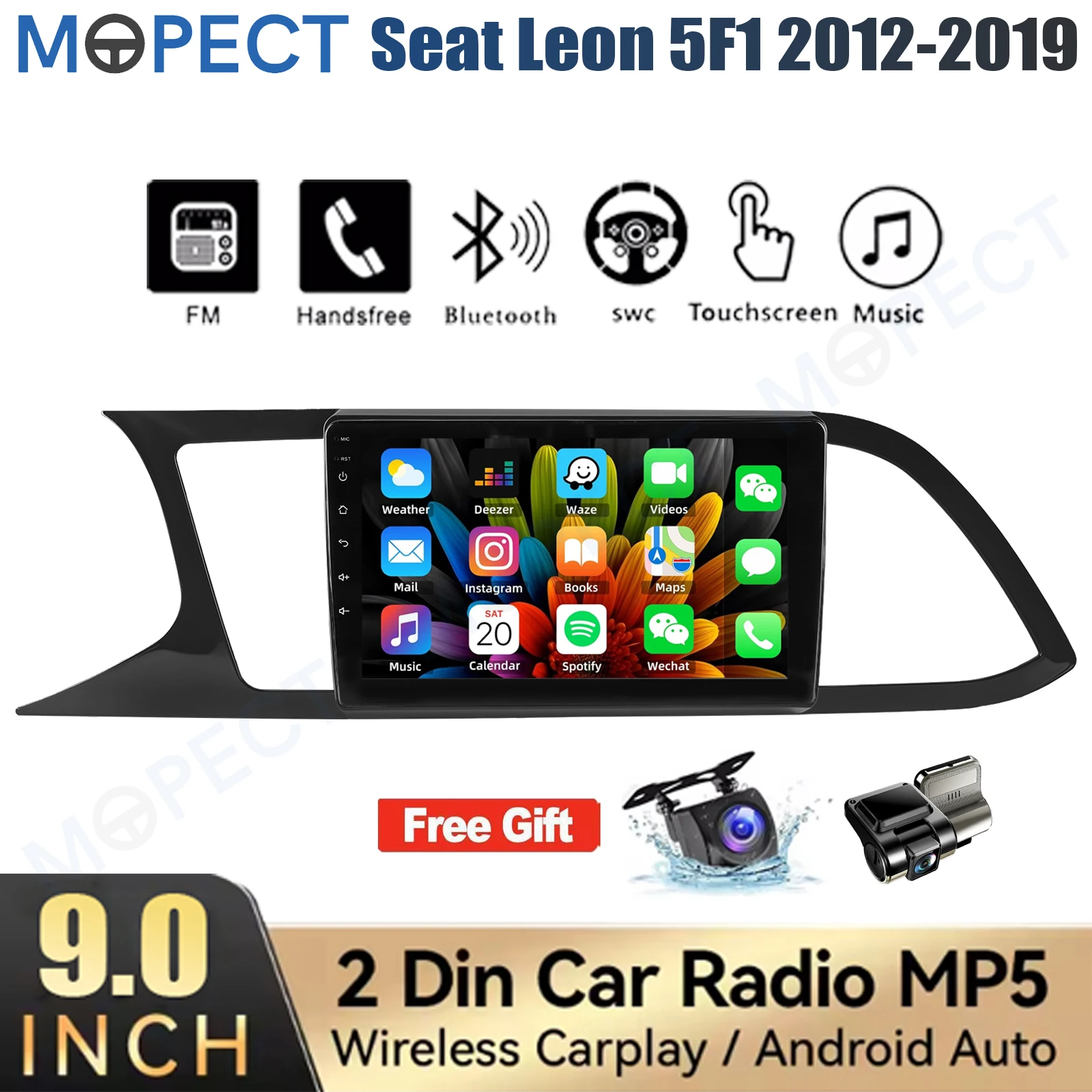 MOPECT 9-Zoll-Autoradio mit 4+64GB Speicher für Seat Leon mk3 5F1 5F5 2012-2019 Android 15 Carplay GPS Navi Bluetooth FM+DAB&AHD