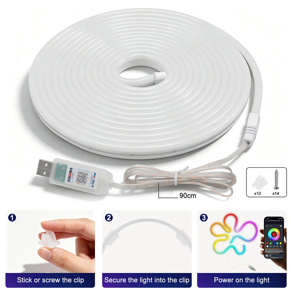 Addressable WS2812B Neon Flex Rope DC5V USB Powered RGB IC LED Light Strip 30LED/m 6x12mm IP67 Silicone Tube 24key Remote 5m Kit