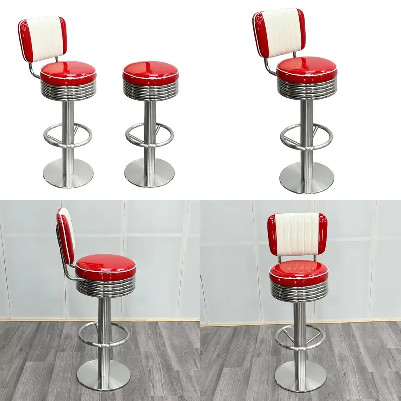 for  Stainless Steel High Stool American 1950s Style Red Glossy Leather Backrest Commercial Bar Stool High Elastic Foam