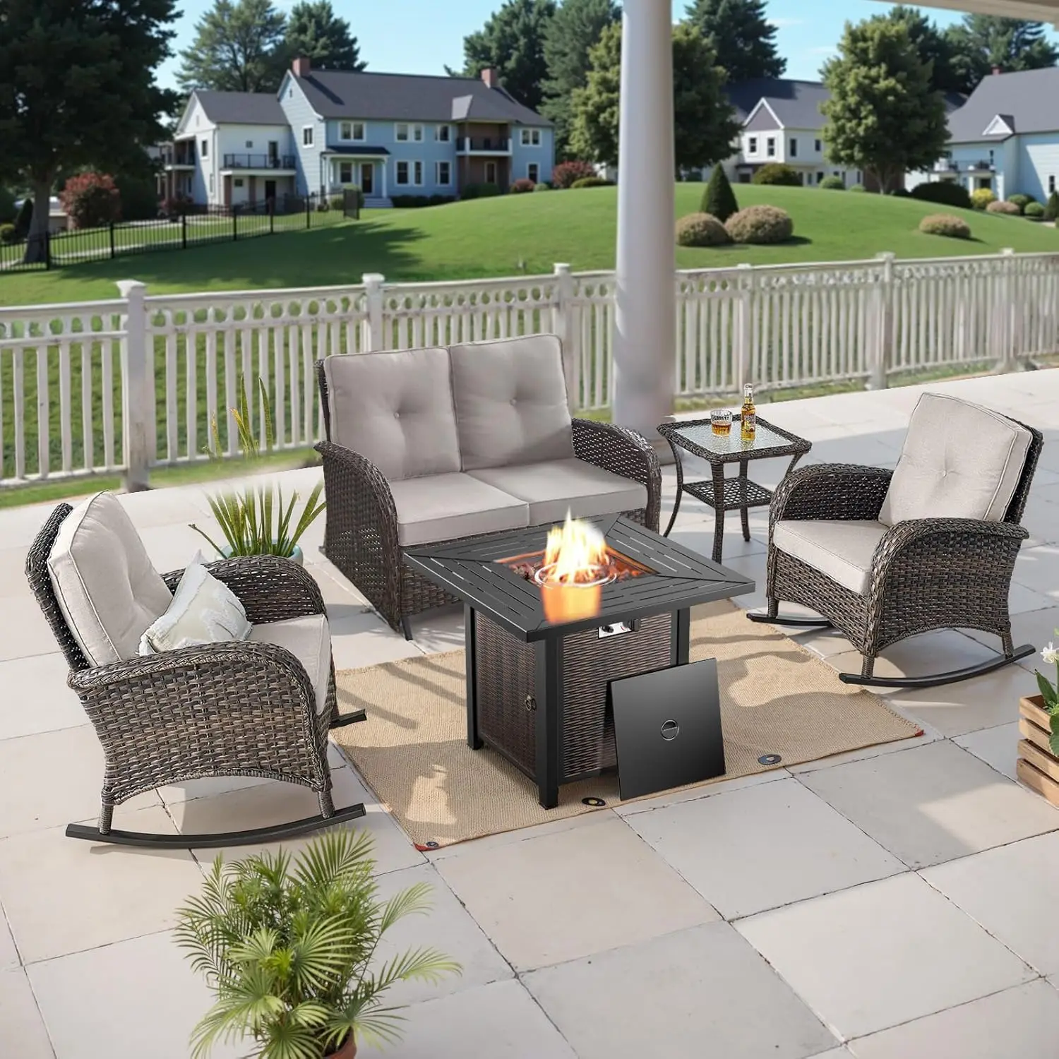 

Комплект садовой мебели из 5 предметов с пропановым столом-очагом мощностью 50000 BTU, всепогодными креслами-качалками, двухместным диваном, на заказ