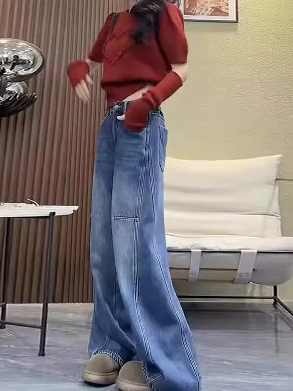 

Retro Washed Large Size Denim Jeans High Waist Loose Fit Women's Autumn Winter New Style Straight Leg Floor Length Knife Pants
