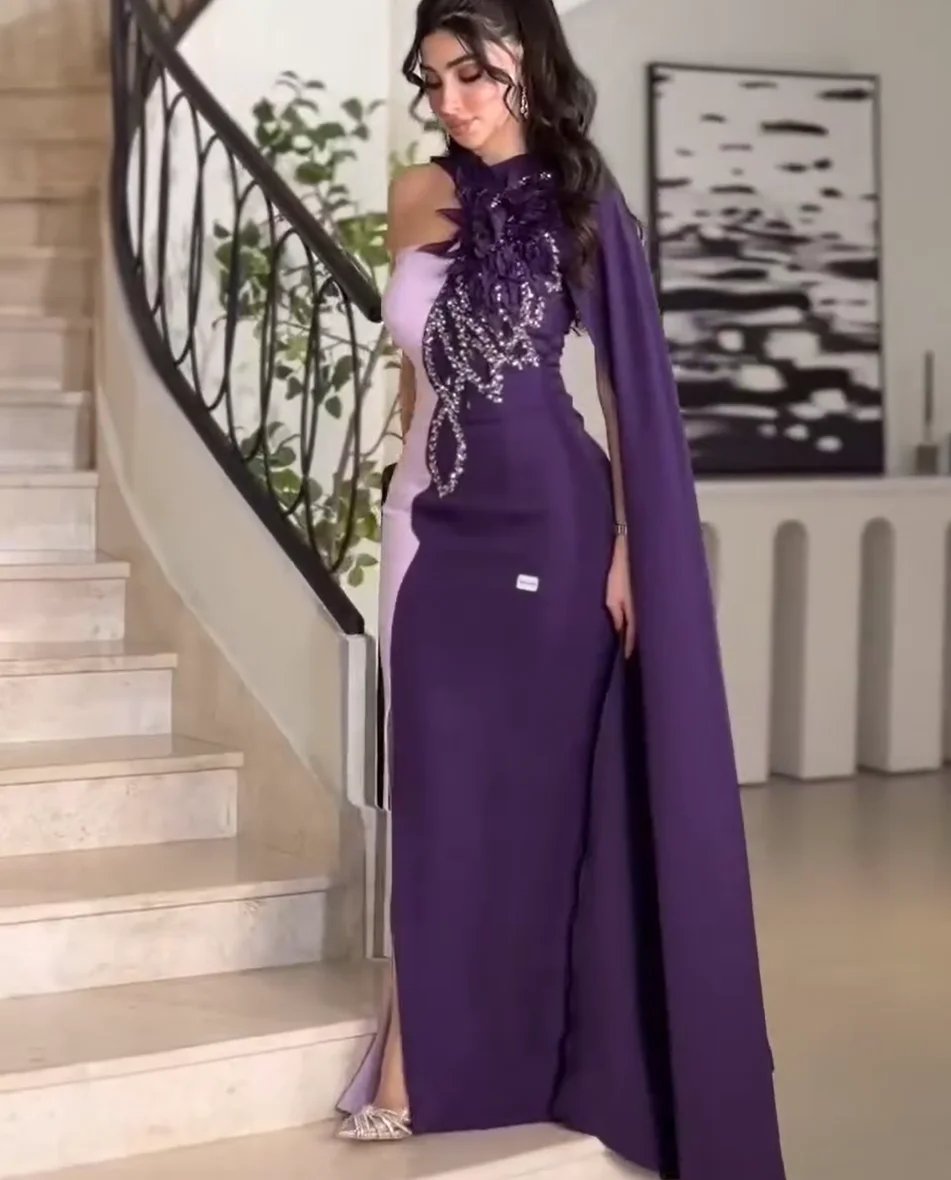 Fioletowe Sukienki Balowe Syrenka na Jedno Ramię z Kryształami, Długie dla Arabskich Kobiet 2026, Z Koralikami i Kwiatami, Formalne Suknie Wieczorowe Szyte na Miarę