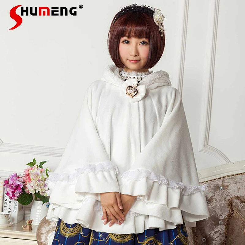 

Japanese Mine Mass-Produced White Lolita Hooded Cloak Autumn Winter Sweet Ruffled Loose Jacket Girls Warm Y2K Capes Ponchos