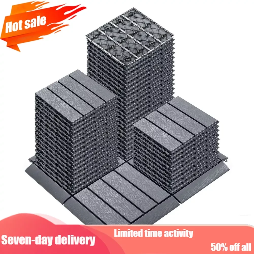 

Interlocking Deck Tiles with Edge Kits 11.8"x11.8" Floor Tiles Waterproof Outdoor Flooring Pallets 60 Pack 32 Transition