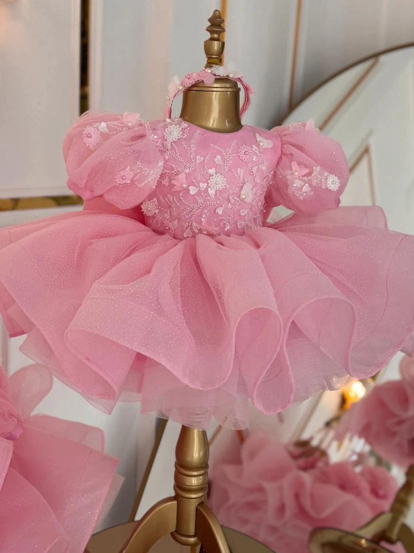 Custom Flower Girl Dress Wedding Gown Birthday Party Dress Puff Sleeve Floral Sequin Ruffled Tulle Princess Dress With Matching