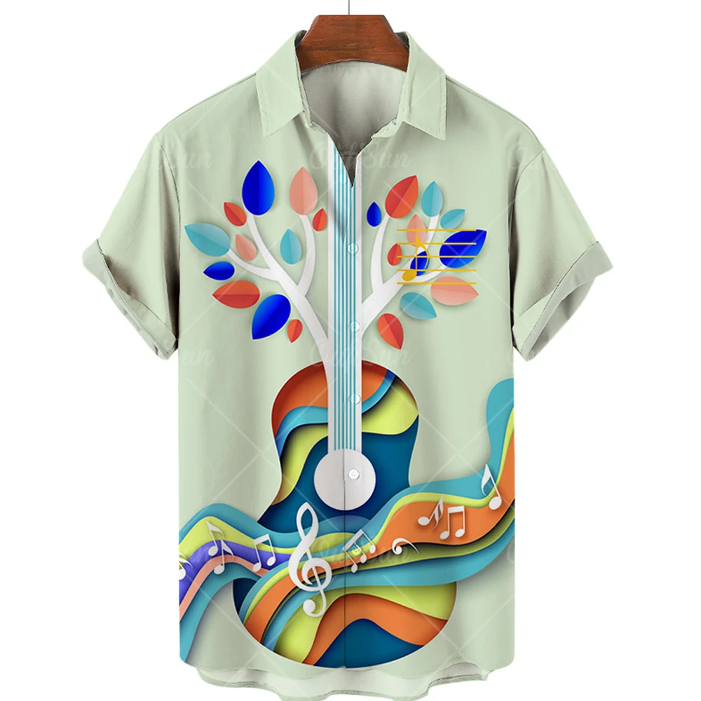 Camisas hawaianas con estampado de guitarra musical para hombre, Tops informales de gran tamaño, ropa de playa, Verano