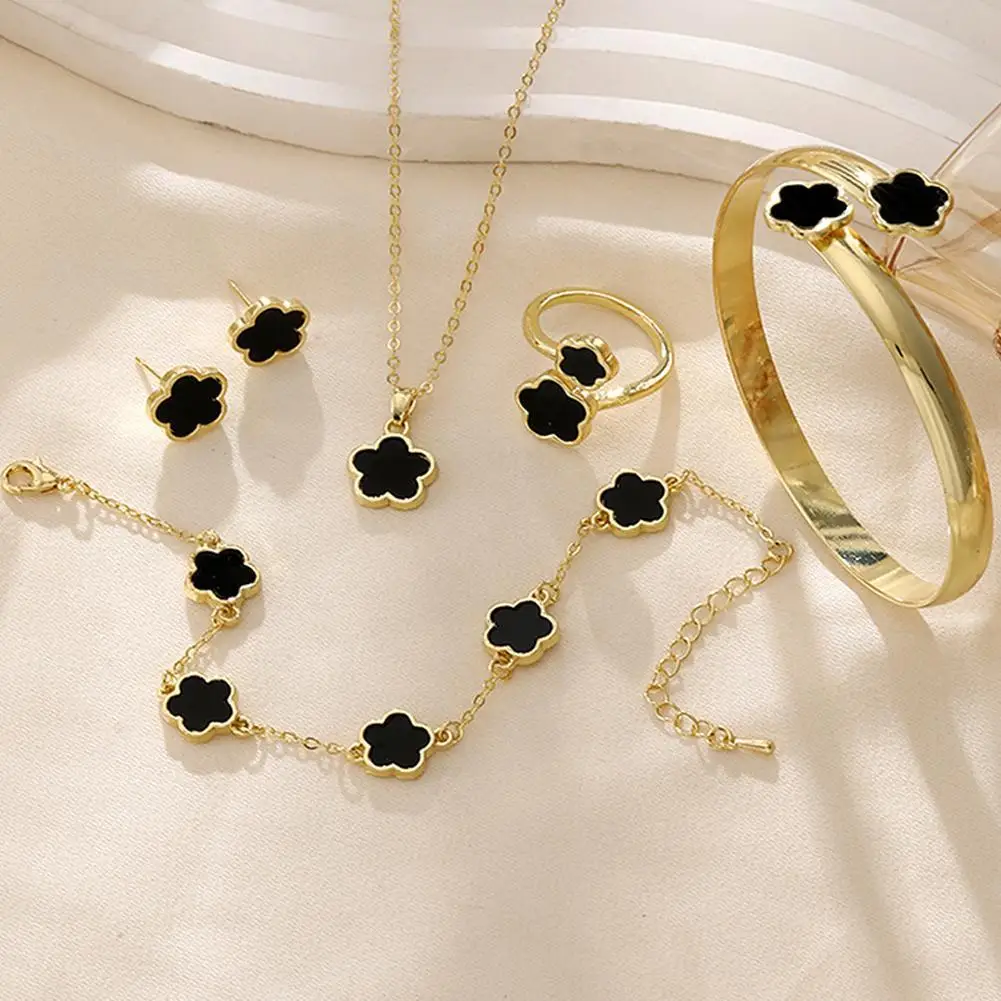 Five-petal Flower Earrings Necklace Rings Bracelet Set For Women Fashionable Temperament Party Jewelry Decor Accessories