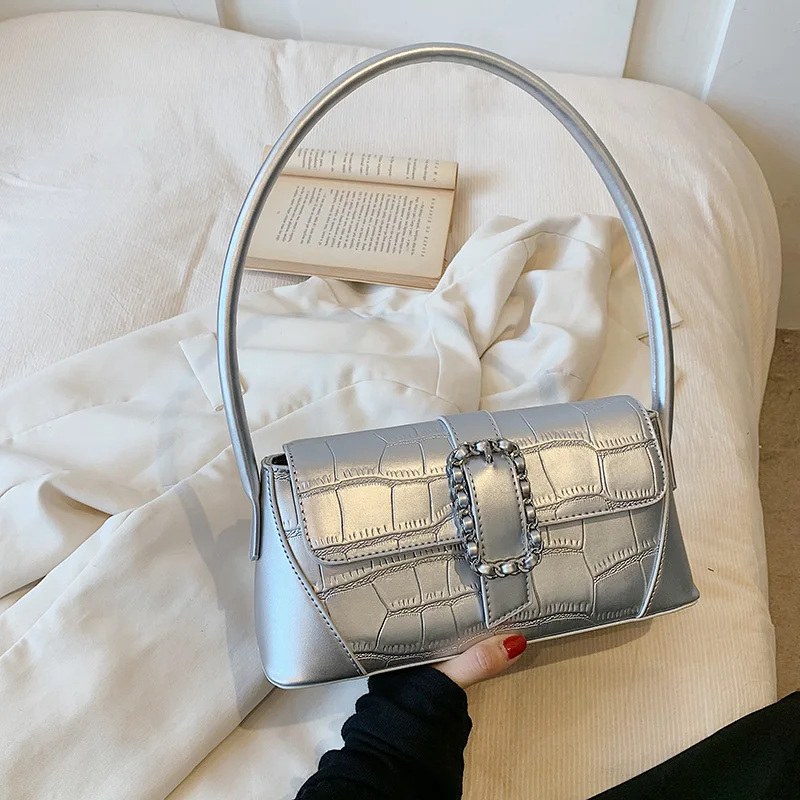 

Silver Shoulder Bag Fo Women Solid Color Pu Leather Underarm Handbag And Purse 2024 Trend Lock Lady Designer Zipper Clutch Bag