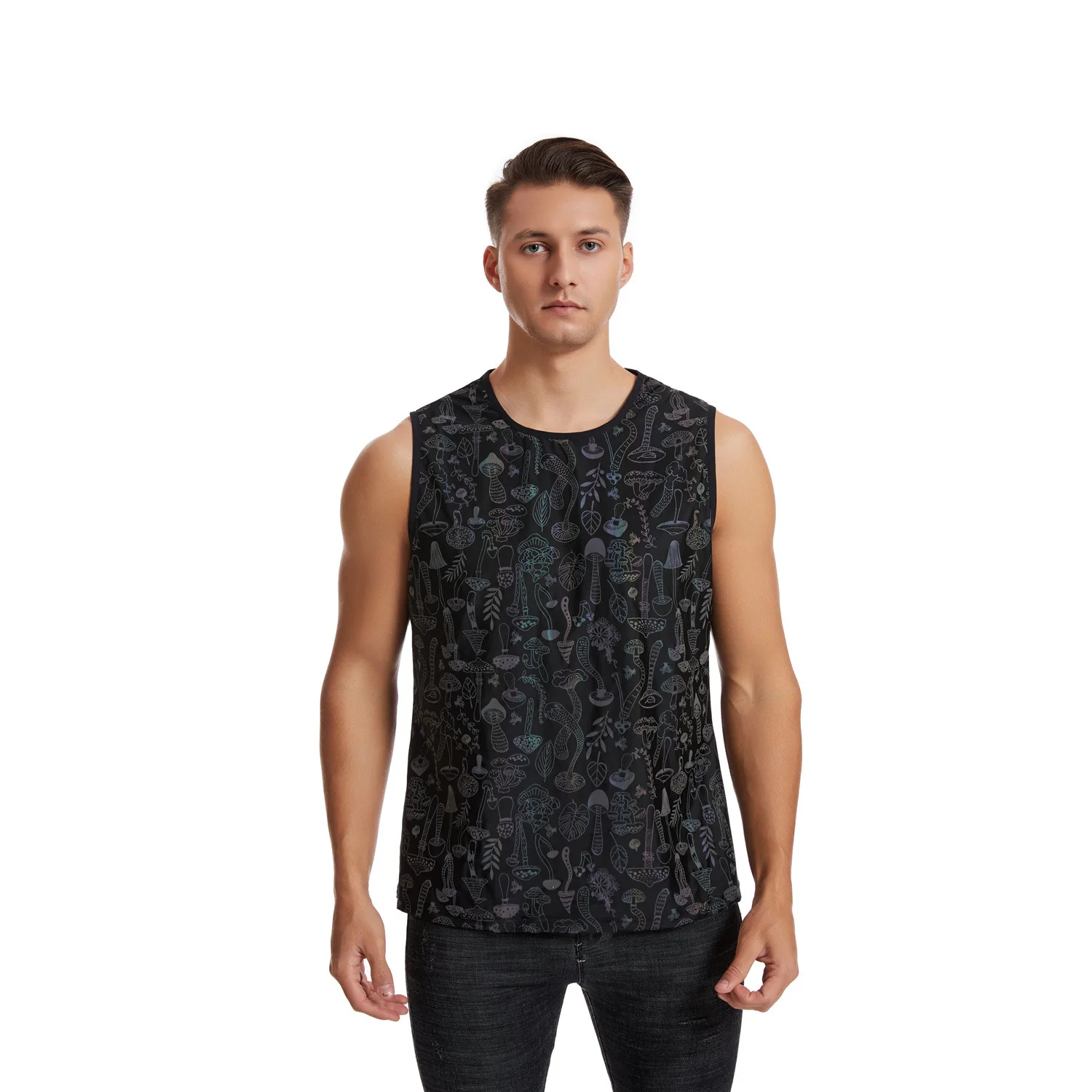 Summer Men's Sets Mushroom Print Reflective Tank Top Elasticity Breathable Sleeveless TShirt Sportswear Shorts Joggers tracksuit