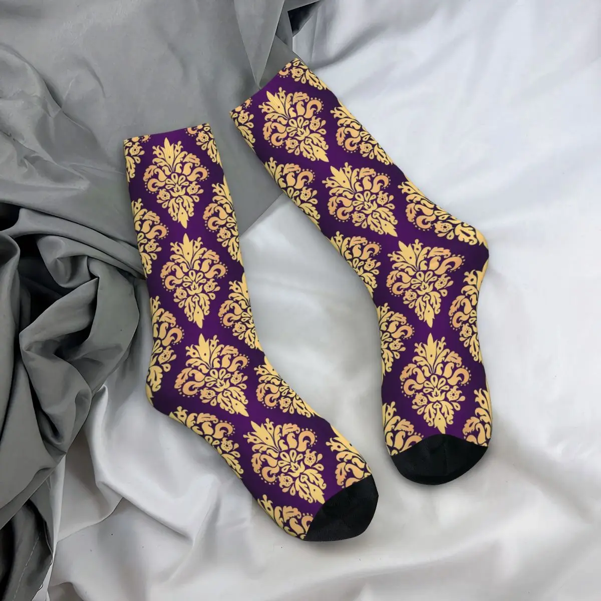 Purple And Gold Classic Damask Pattern Unisex Winter Socks Windproof Happy Socks Street Style Crazy Sock