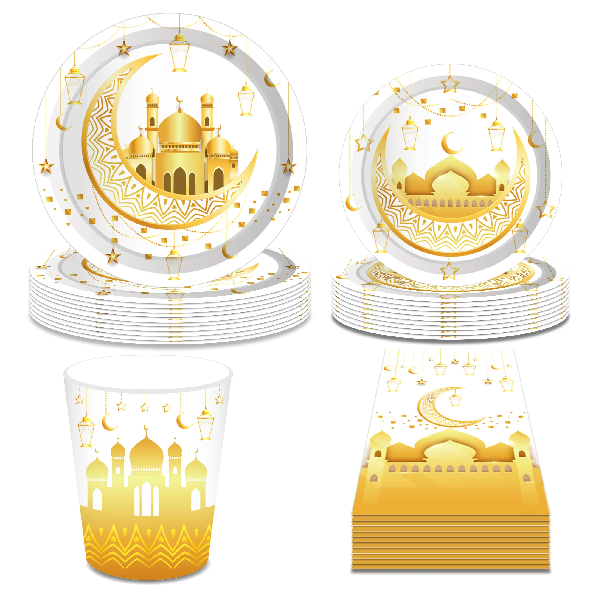 Ramadan Kareem Disposable Tableware Golden moon stars mosque print Paper Plates Cup Tablecloth EID Mubarak Decoration 2024