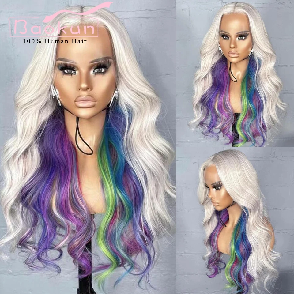 13x6 Rainbow Highlight Human Hair Lace Frontal Wig 13x4 HD Platinum Blonde Purple Blue Green Body Wave Human Hair Wigs For Women