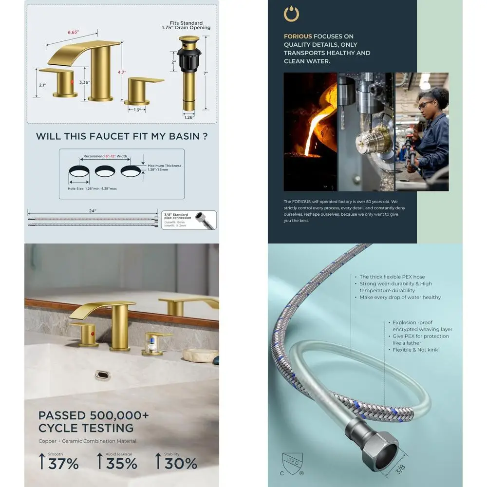 

8 Widespread Brushed Gold 3-Hole Bathroom Sink Faucet with Dual Handles, CUPC Certified Hose, and Metal Pop-Up Drain for Farmhou