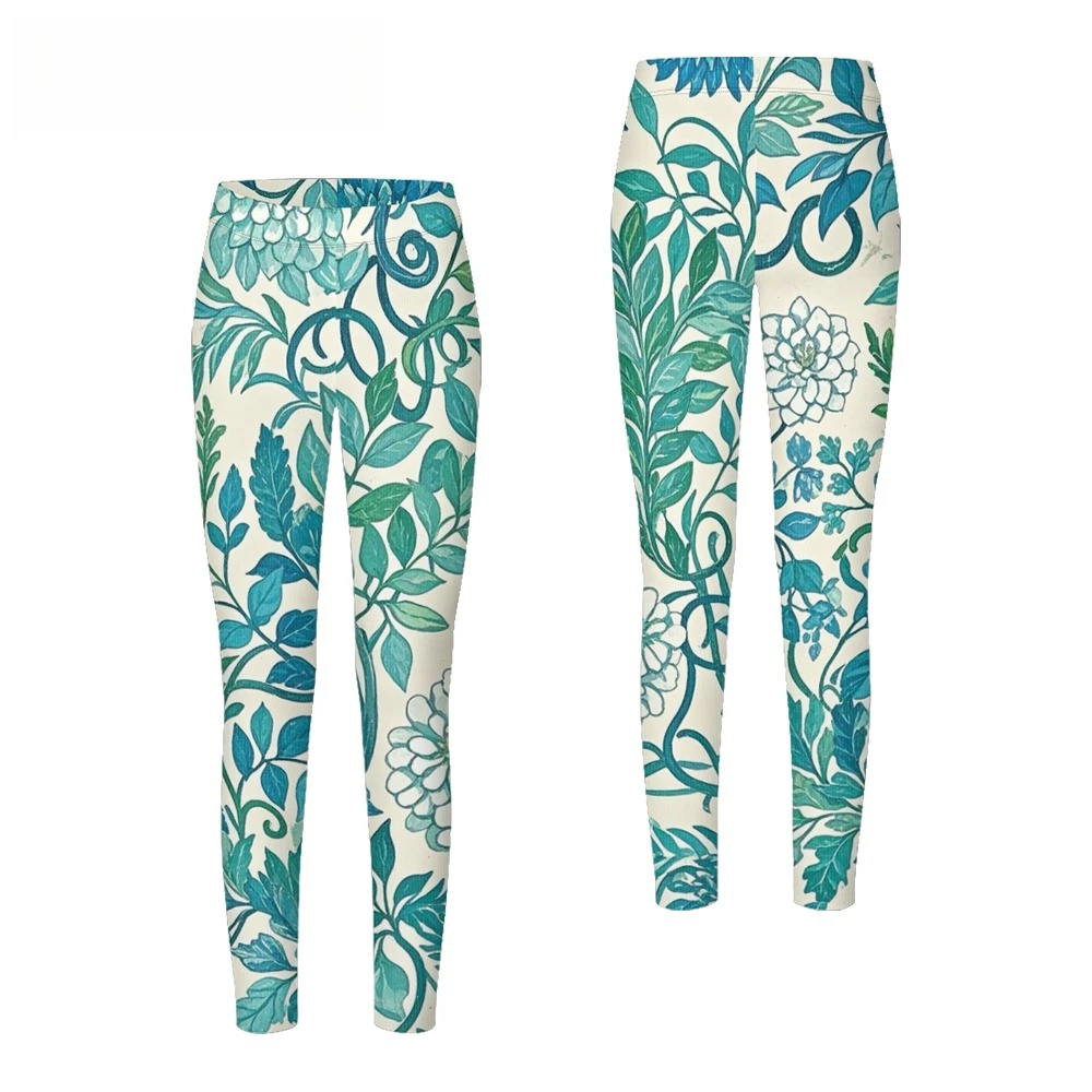 سراويل ضيقة نسائية عالية الخصر مع طباعة نباتية باللون الأزرق المخضر الطازج وقاعدة بيضاء مع أوراق شجر وزهور سراويل يوجا قابلة للتمدد للياقة البدنية غير رسمية #2