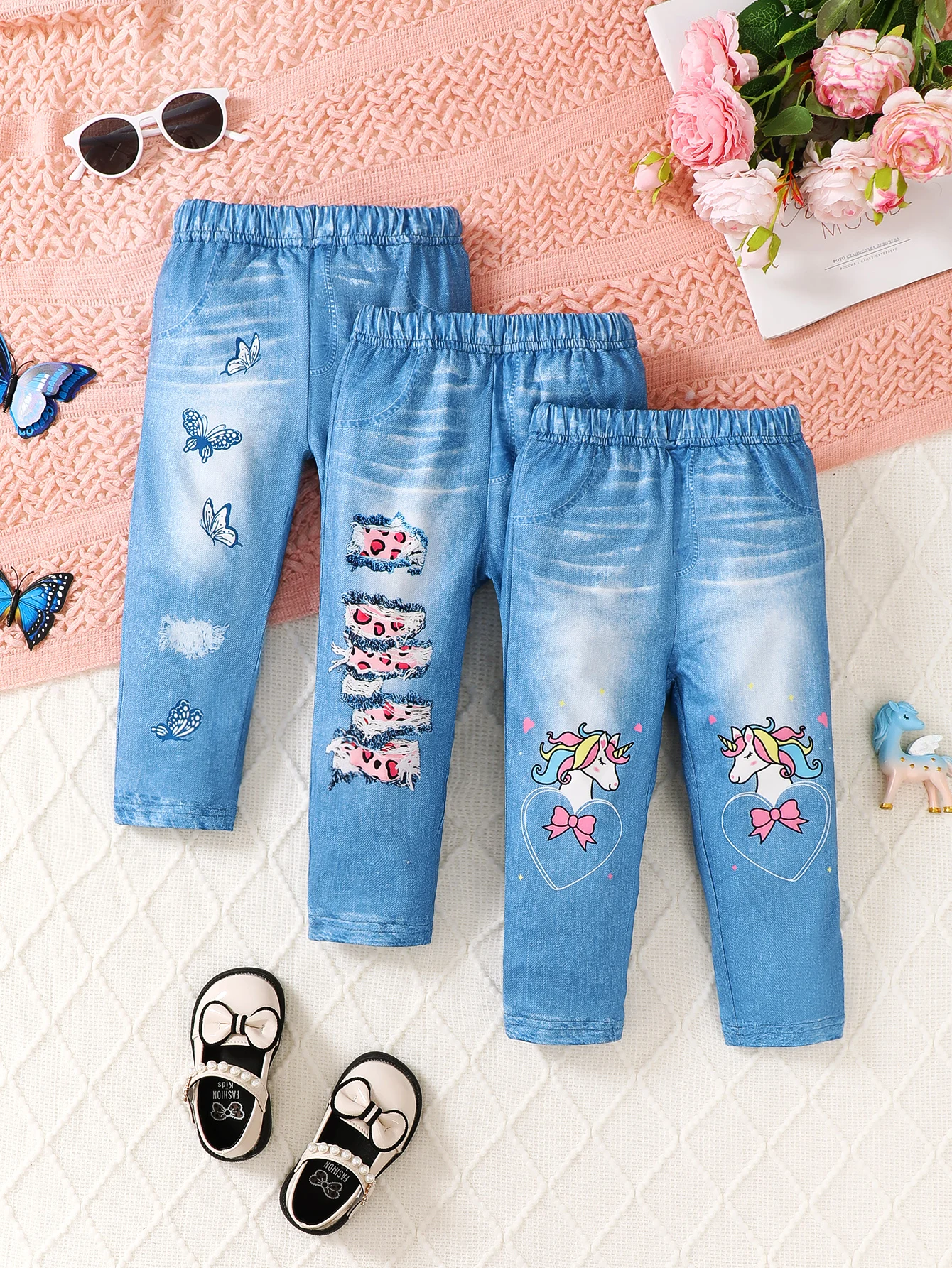 

Winter 0-3 Years Old Cool Girls Denim Print 3-Piece Set ，Suitable For Daily Casual Wear