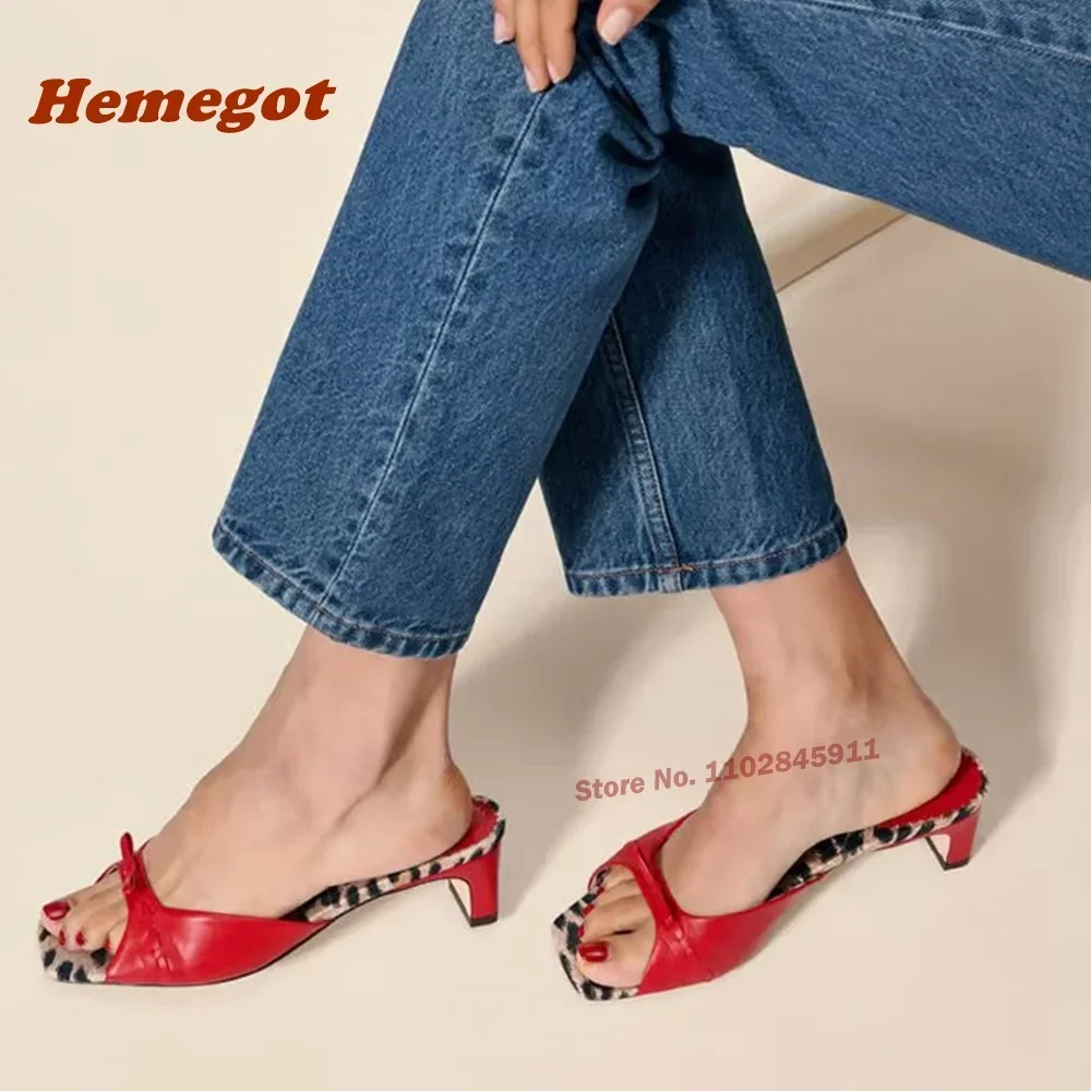 Block Heels Red Leather Butterfly-Knot Women's Slippers Leopard Square Toe Bows Slippers Newest 2026 Suummer Outside Shoes Sexy