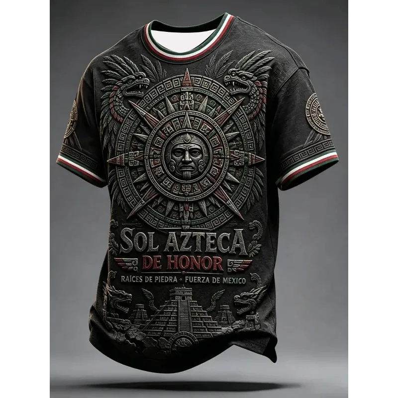 2026 3D Print Embossed Aztec Sun Calendar Graphic T-shirt Ancient Print Breathable Men Women Casual Vintage Short Fan Jersey