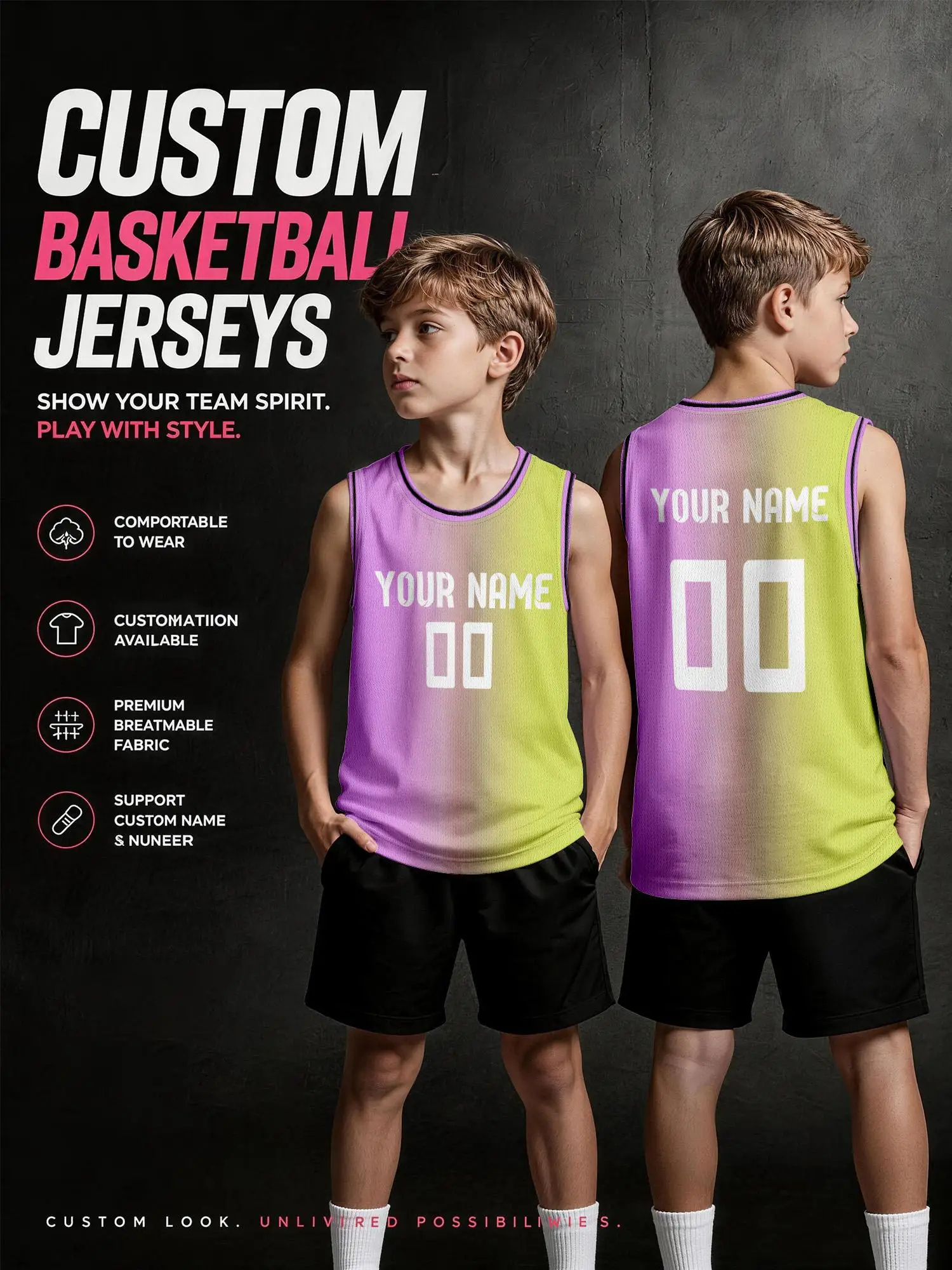 Purple‑lime Yellow Gradient Sleeveless Custom Basketball Jersey, Stylish Breathable Mesh Vest With Custom Name & Number