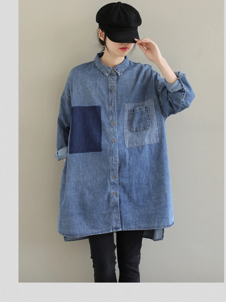 Spring Korean Style Denim Shirts Jackets For Women Loose Casual Personality Design Patchwork Pckets Lapel Streetwear Female Coat