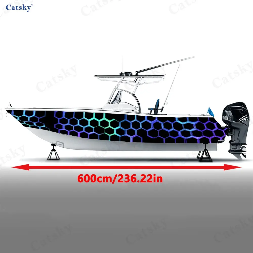 Blue & Purple Gradient Honeycomb Boat Stickers, PVC Waterproof Vinyl Wrap Decals for Fishing Boats, Durable and Stylish Design
