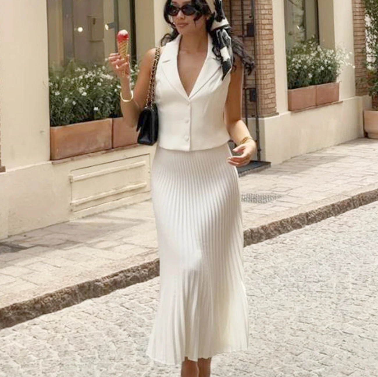 

WXOY Women Summer Outfit Pleated Skirt 2 Pieces Set Sleeveless Blazer V-Neck Vest Top Flowy Maxi Skirt