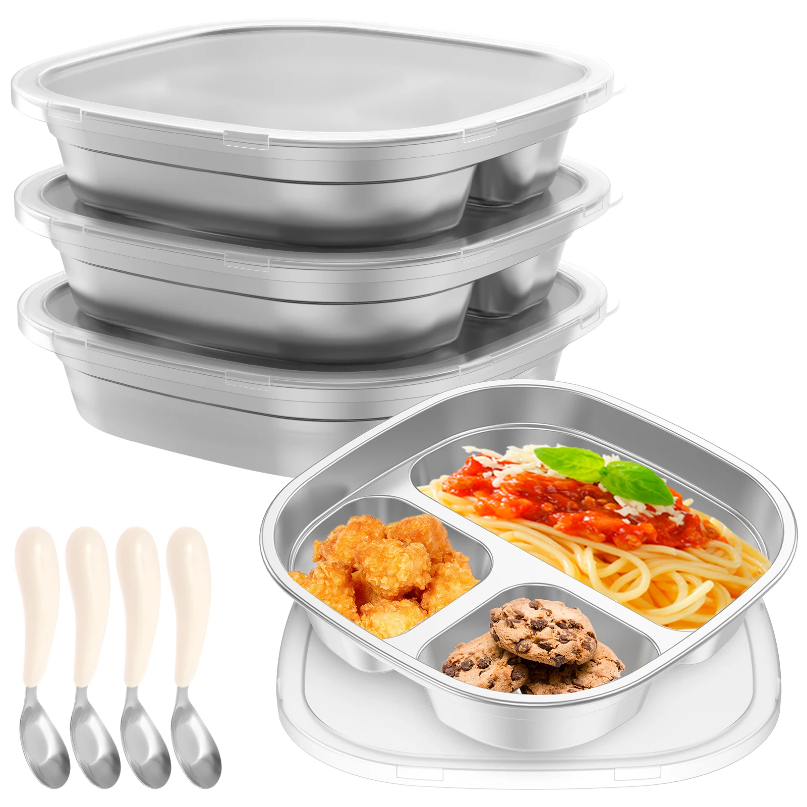 

4 шт. детская тарелка из нержавеющей стали для малышей, 3 отделения, поднос для контроля порции, блюдо с нескользящим дном, кухонные аксессуары