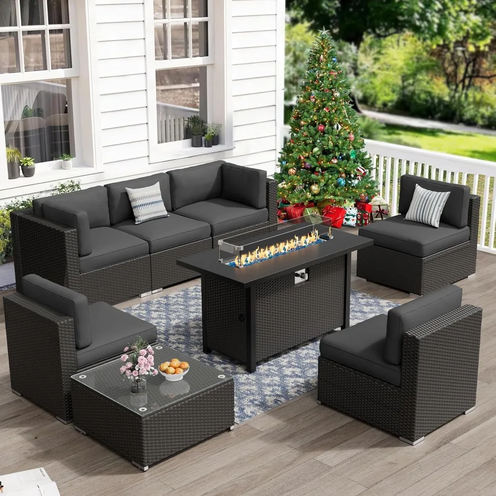 

8-Piece Outdoor Patio Furniture Sets with 45” Propane Gas Fire Pit Table, All-Weather Black Wicker Rattan Sectional Sofa