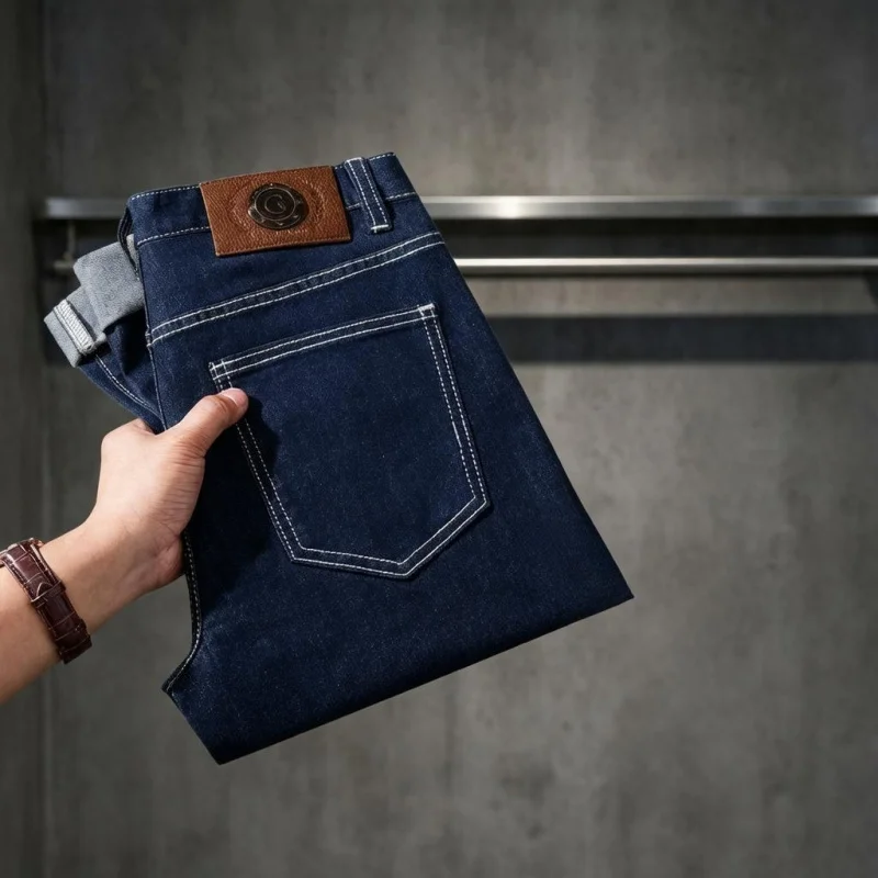 

2026 Men's Dark Blue Raw Denim Jeans Straight Cut Casual Pants Contrast Stitching Design Leather Patch Details Daily Business