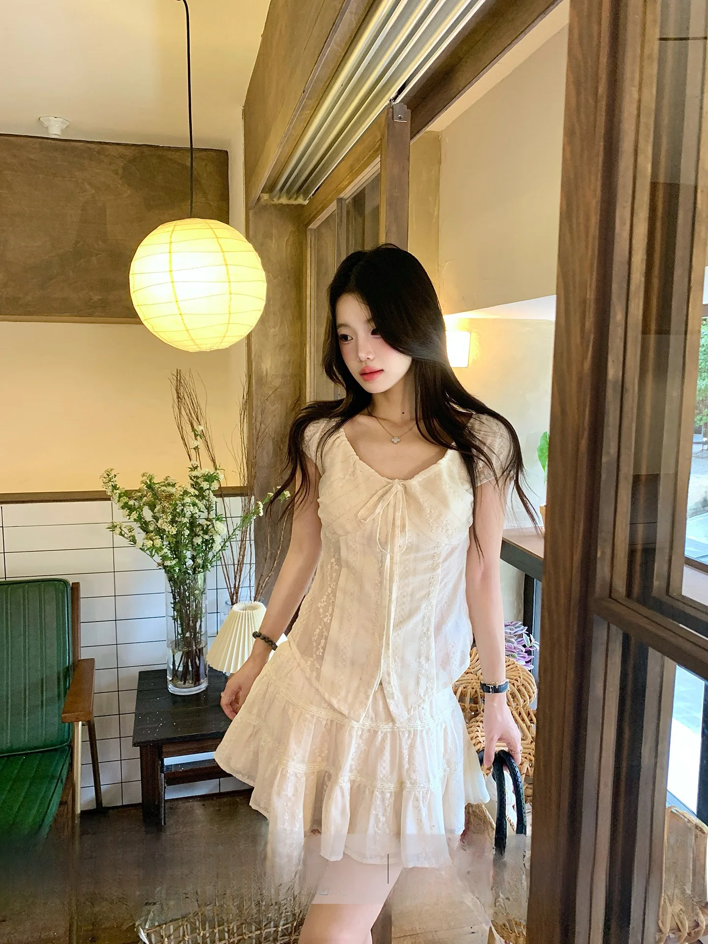 

Pure Desire Style Women's Shirt Spring Summer Slim Fit Waist Cinched Short Sleeve Sweet College Style Top Bottom Set