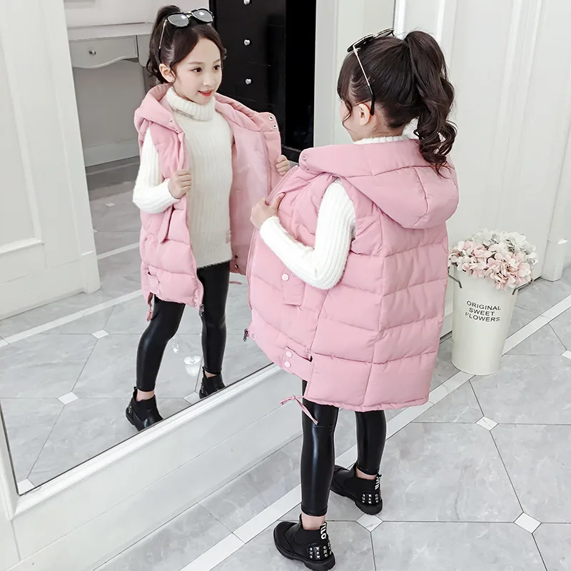 RAISE 2024 Baby Girl Autumn Winter Vest Thicken Warm Girls Sleeveless Jacket Hoodie 3-12 Years Kid Teenager Mid-length Waistcoat