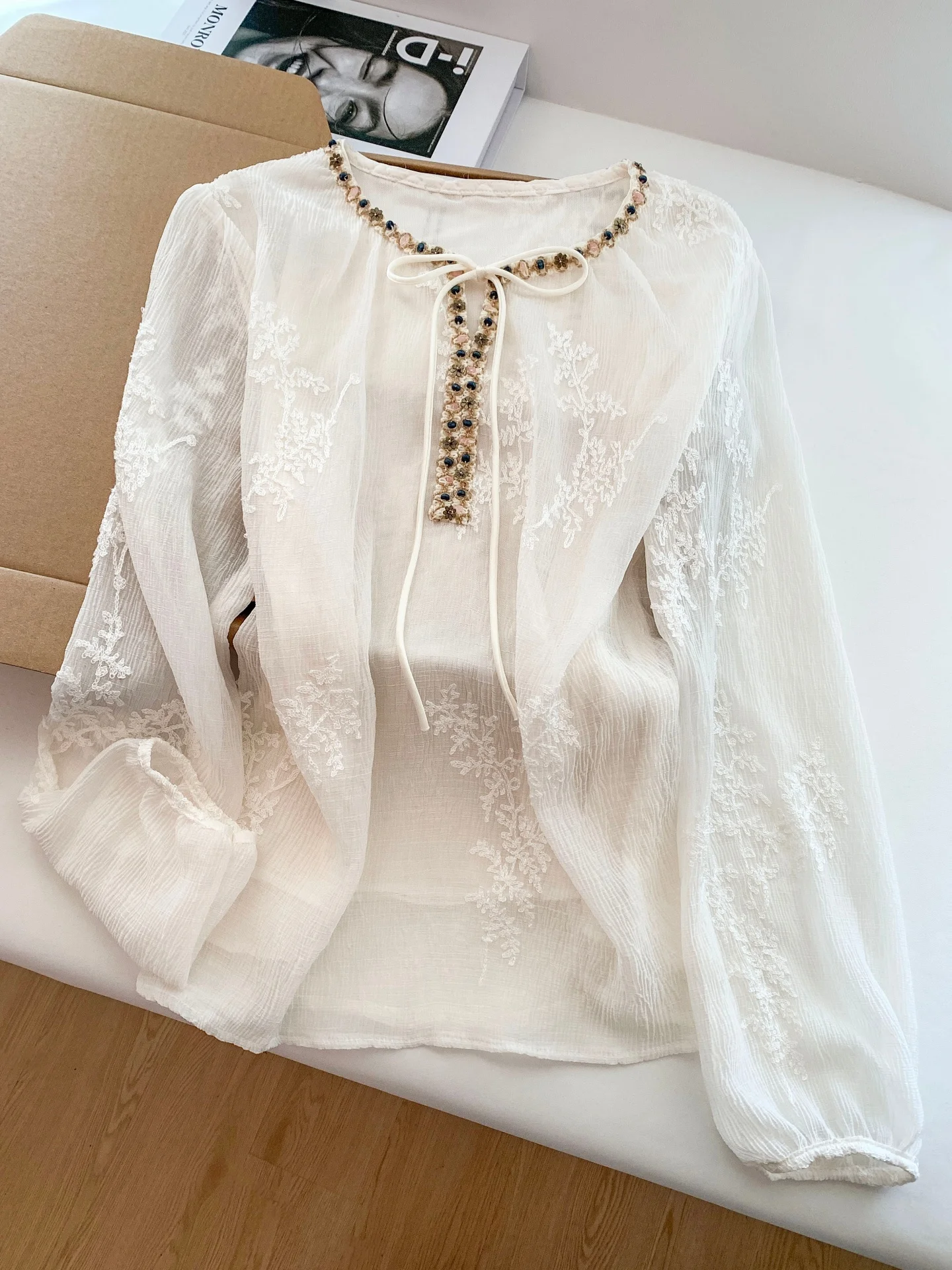 

Женская блузка Ele Long Sve с вышивкой и бисером, весенняя модная модель с V-образным вырезом из трикотажной ткани