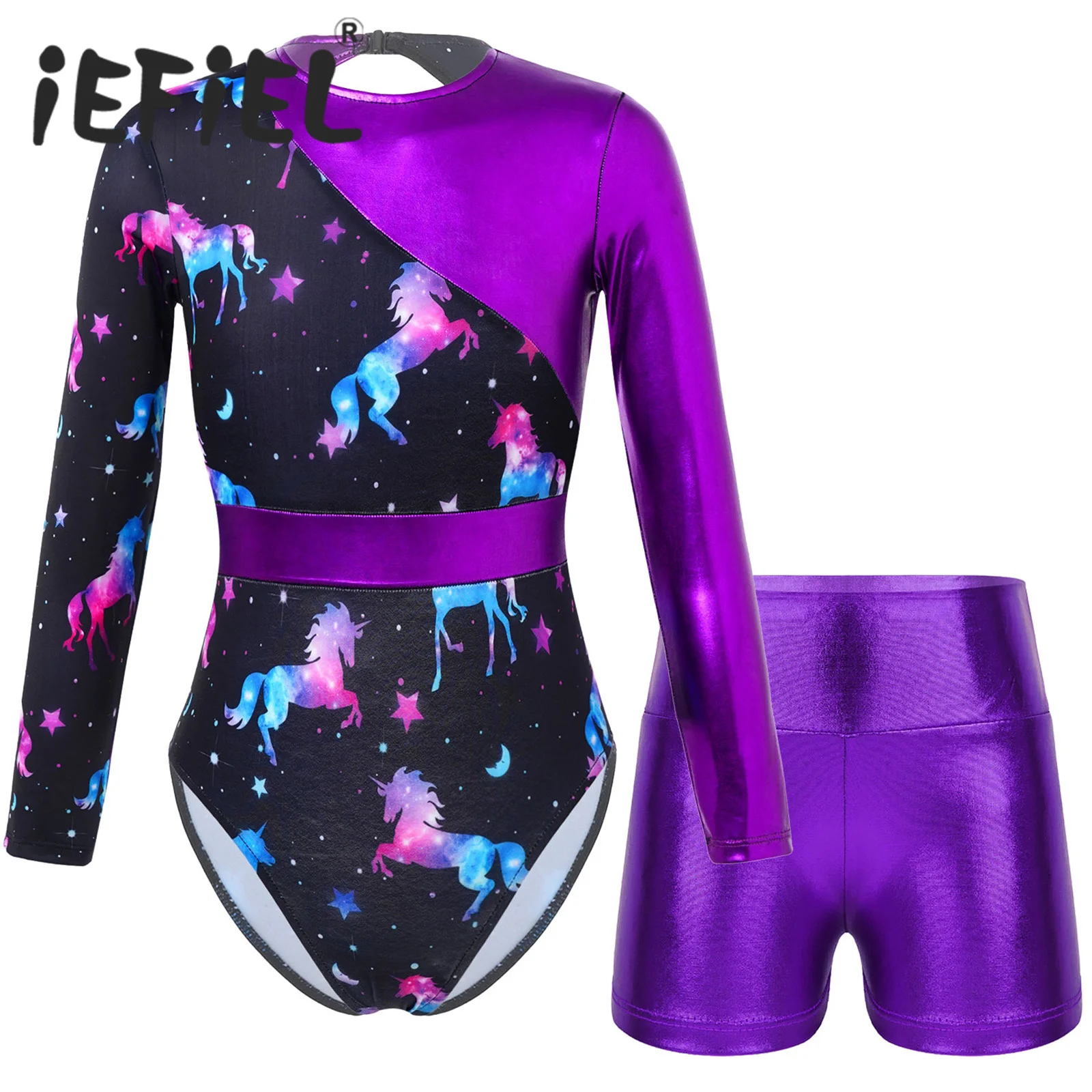 

Kids Girls Ballet Dance Sets Sports Gymnastics Workout Dance Outfits Cartoon Printed Leotard with Shorts for Stage Performance