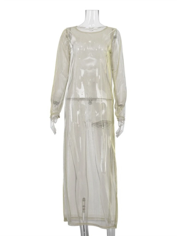 فستان طويل شفاف مثير للنساء من Tossy برقبة دائرية وأكمام طويلة وخصر عالٍ وفضفاض ملابس الشارع فستان ربيعي نسائي