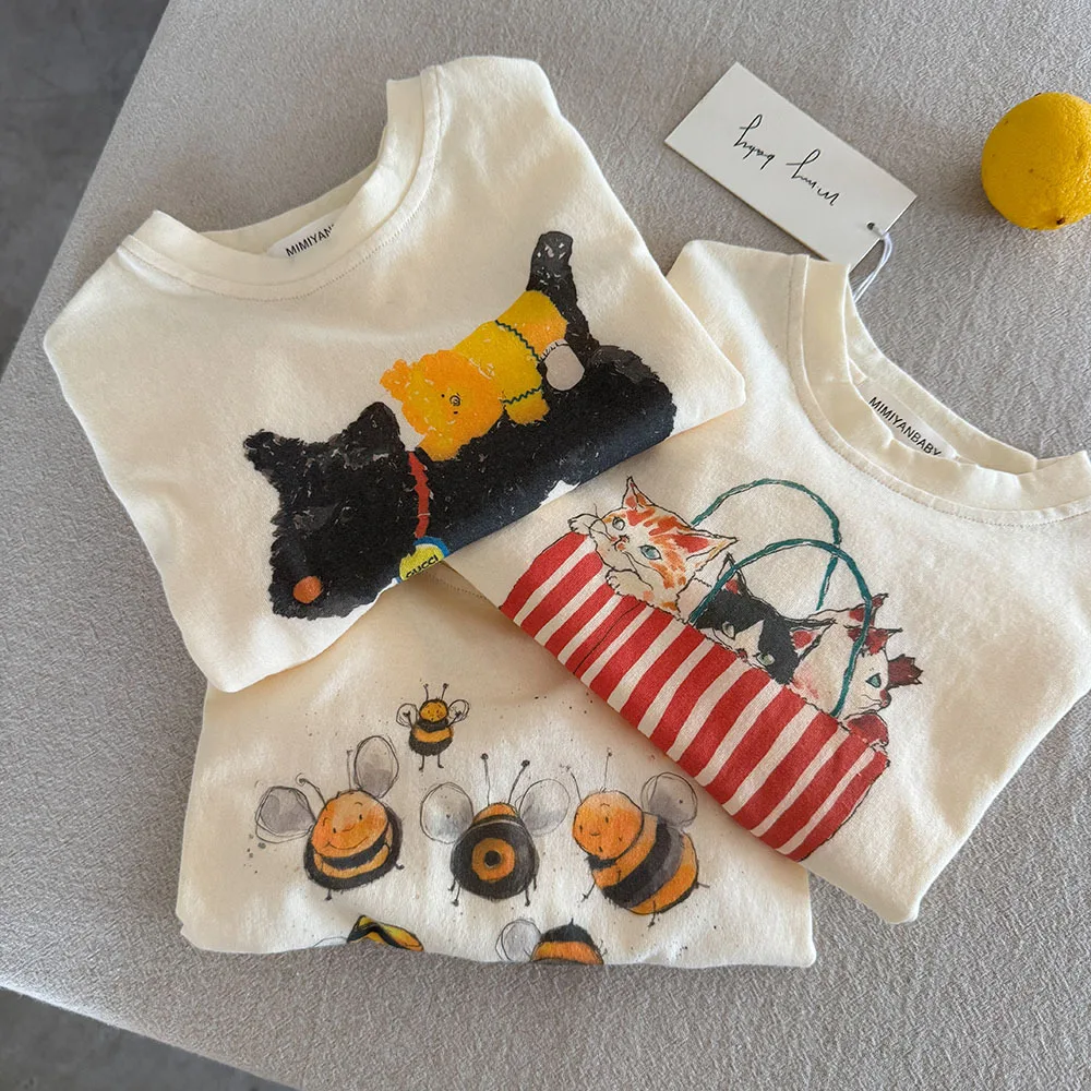 2026 Autumn Girls Boys Cute Cartoon Print Soft Cotton Long Sleeve T-shirts Three Designs Kids Children Tee
