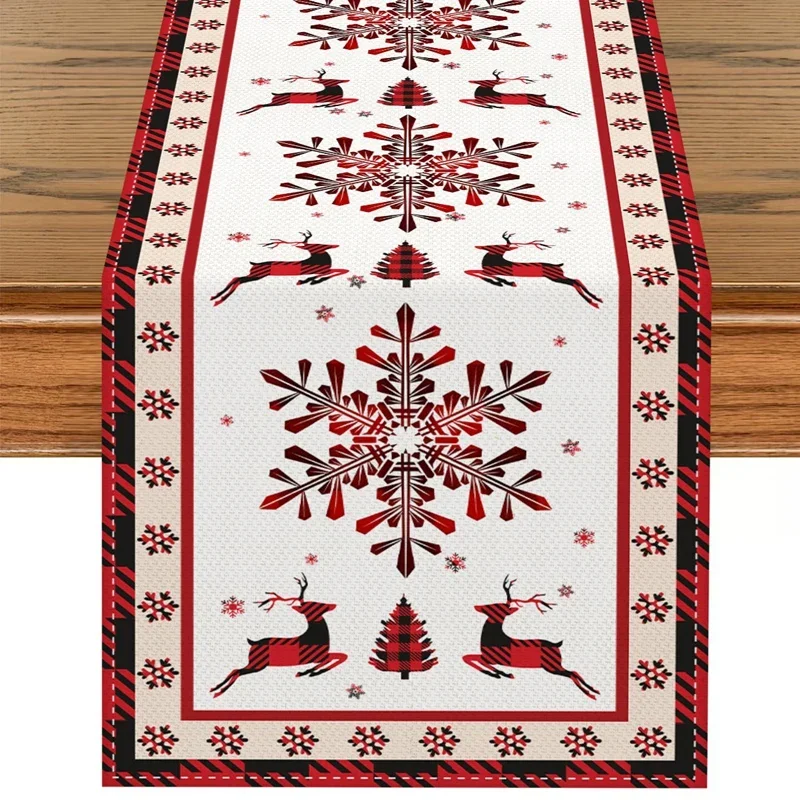 Weihnachts-Schneeflocken, Elch, Leinen, Tischläufer, Weihnachtsdekoration für Zuhause, 2025, Geschenke, Winterurlaub, Küche, Esstisch-Dekoration