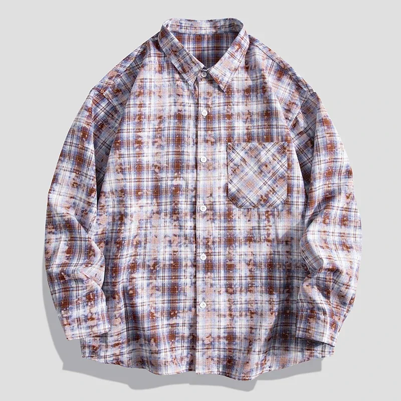 LIBIELIY   Men's Shirt Plaid Long Sleeve Shirt Loose Lapel Men Shirt Vintage High Street Top Men Chemise Homme High Quali